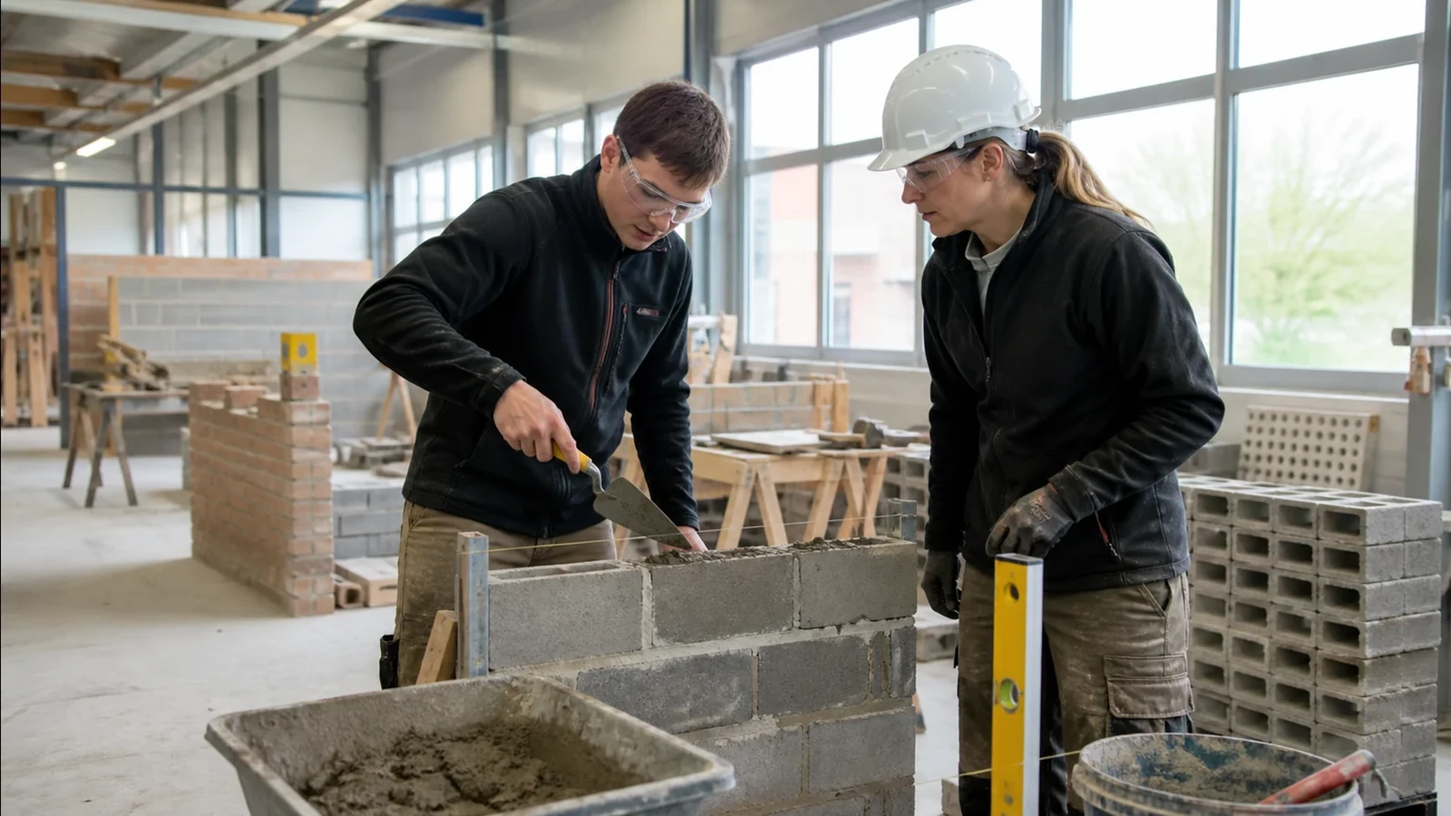 Apprentissage de la maçonnerie en atelier