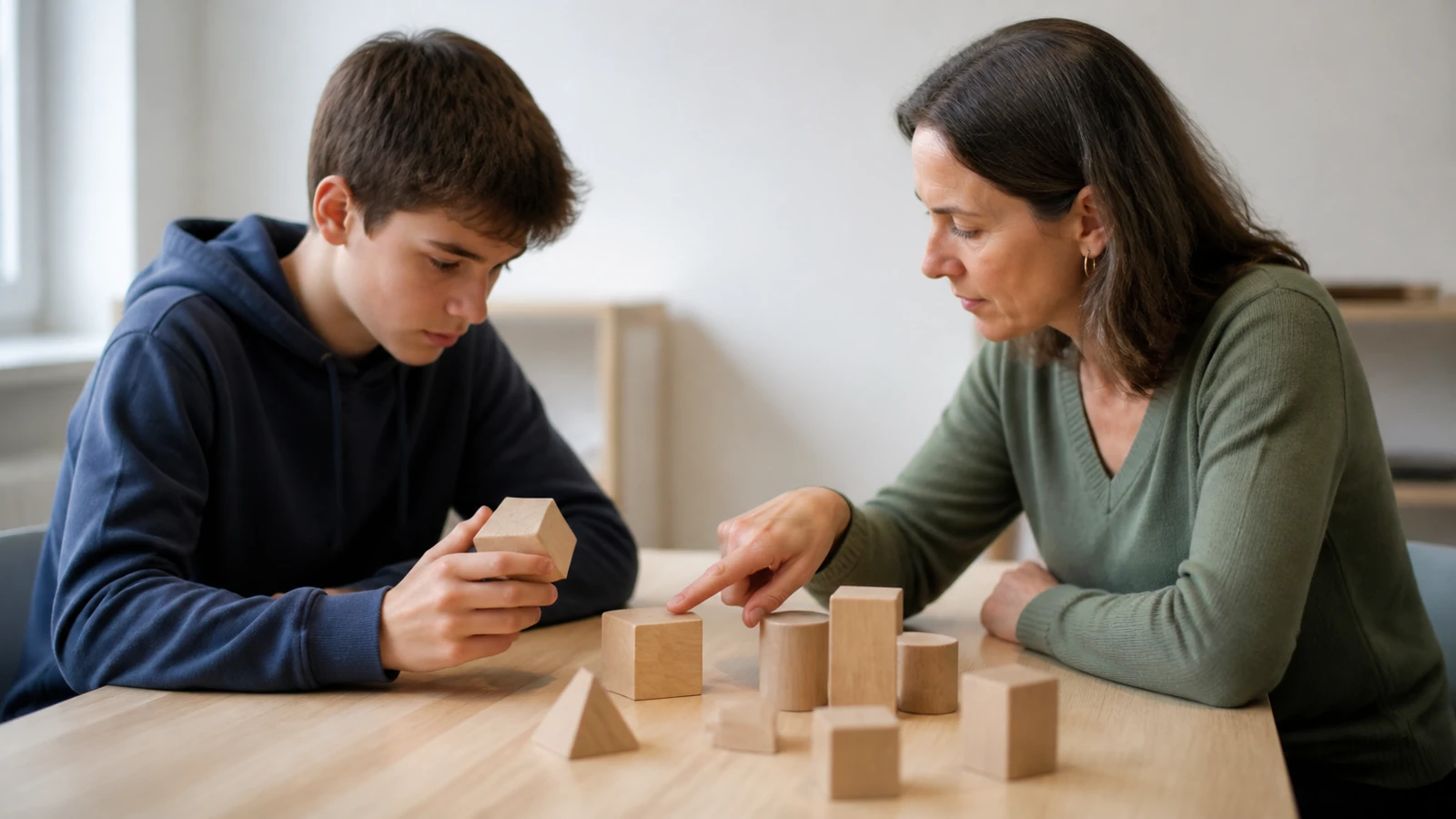 Tutorat individuel avec des formes en bois dans une salle associative